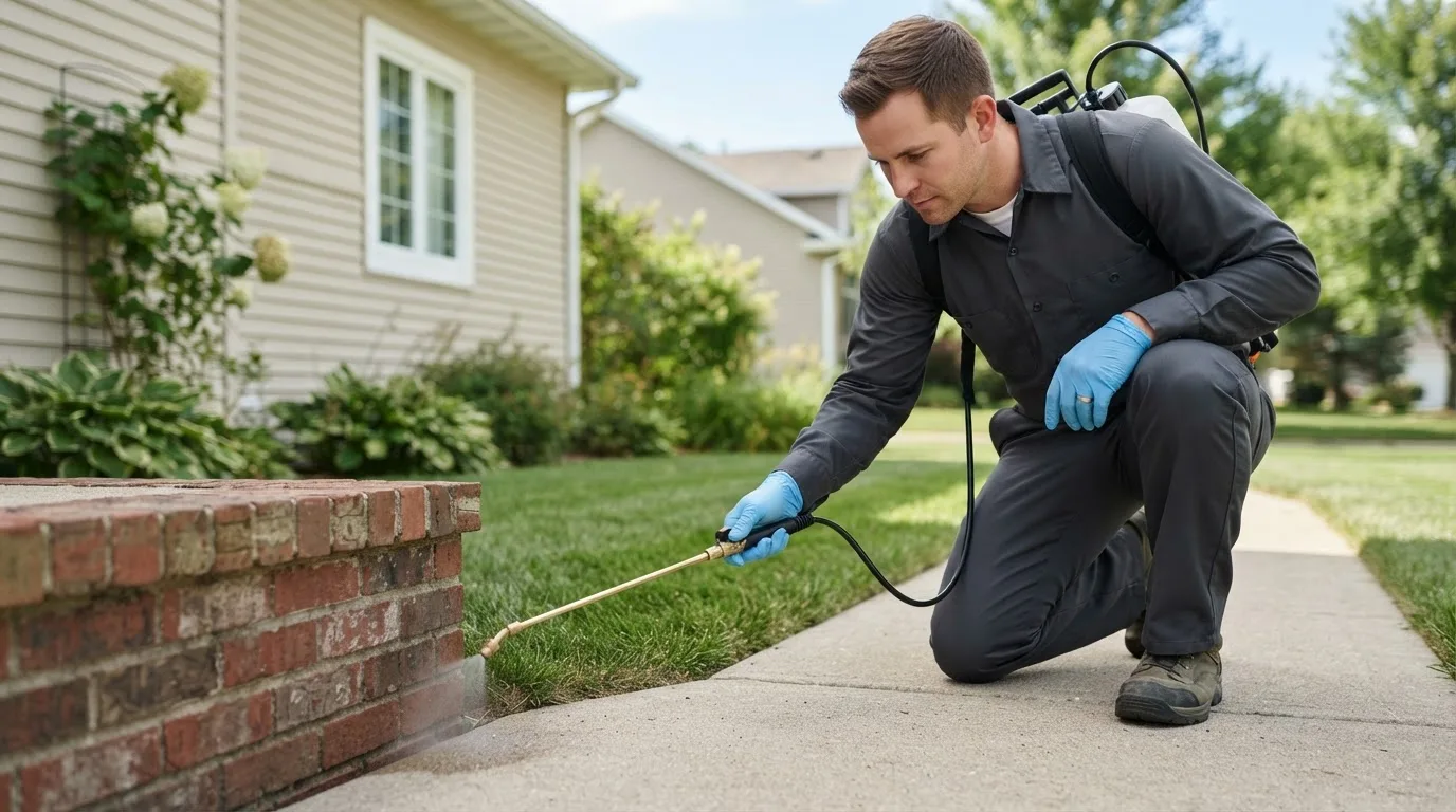 Pest control technician treating a home near Evart, MI