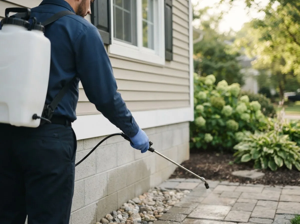 Pest control technician inspecting a home in Evart, MI